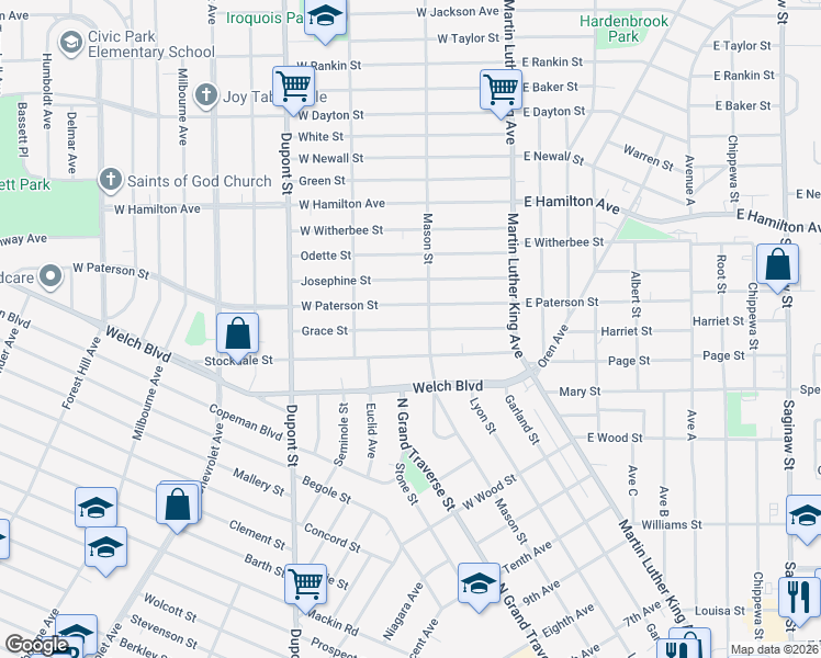 map of restaurants, bars, coffee shops, grocery stores, and more near Grace Street in Flint