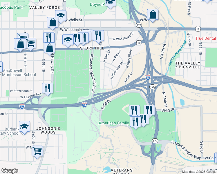 map of restaurants, bars, coffee shops, grocery stores, and more near 155 North Story Parkway in Milwaukee