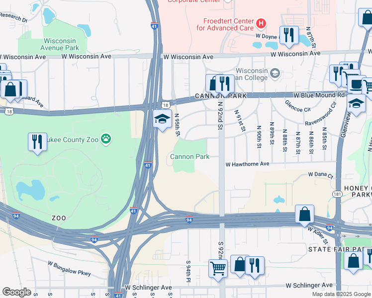 map of restaurants, bars, coffee shops, grocery stores, and more near 303 North 95th Street in Milwaukee