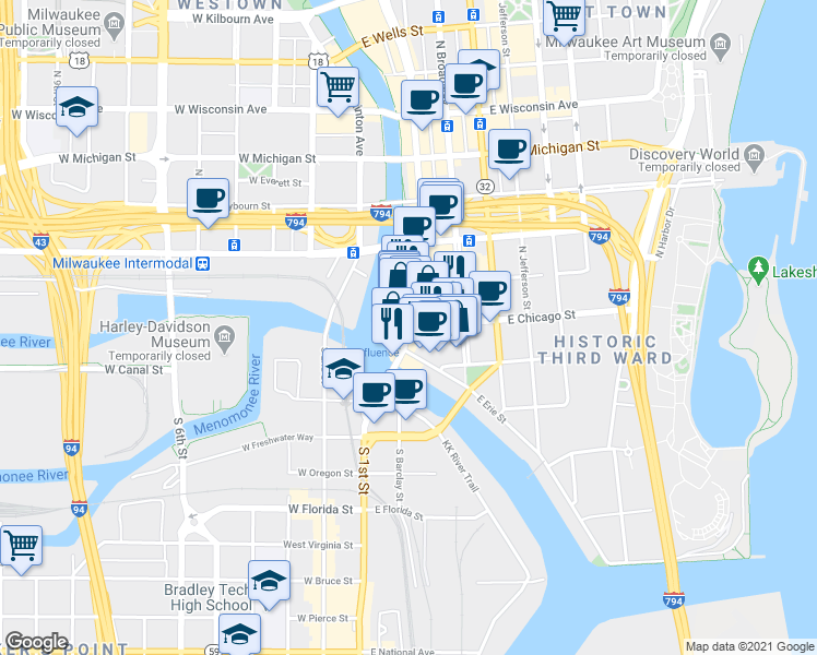 map of restaurants, bars, coffee shops, grocery stores, and more near N Water St & E Chicago St in Milwaukee