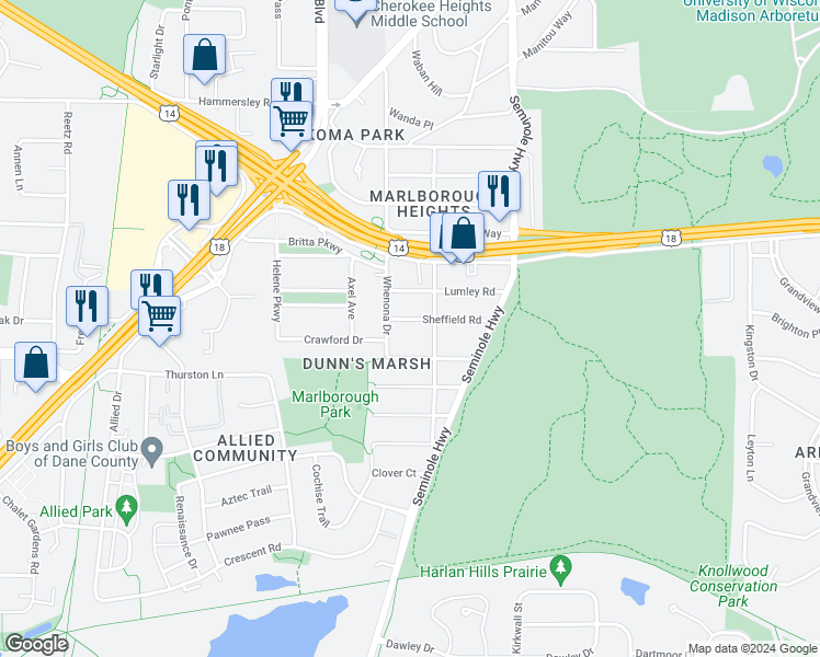map of restaurants, bars, coffee shops, grocery stores, and more near 4317 Sheffield Road in Madison