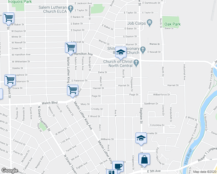map of restaurants, bars, coffee shops, grocery stores, and more near 421 Page Street in Flint