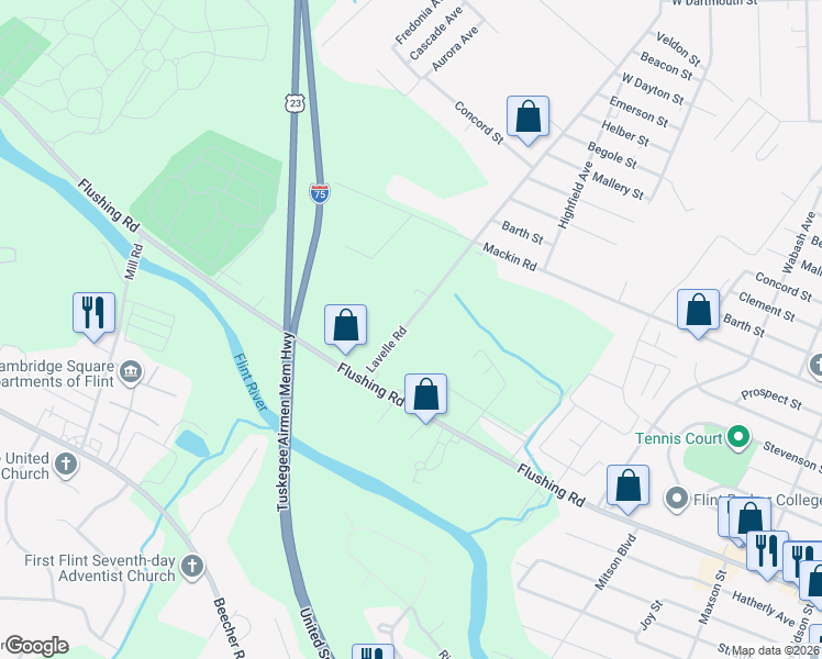 map of restaurants, bars, coffee shops, grocery stores, and more near 2070 Lavelle Road in Flint
