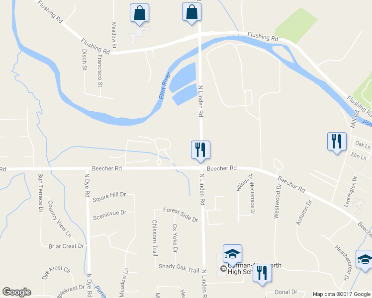 map of restaurants, bars, coffee shops, grocery stores, and more near 5036 Beecher Road in Flint