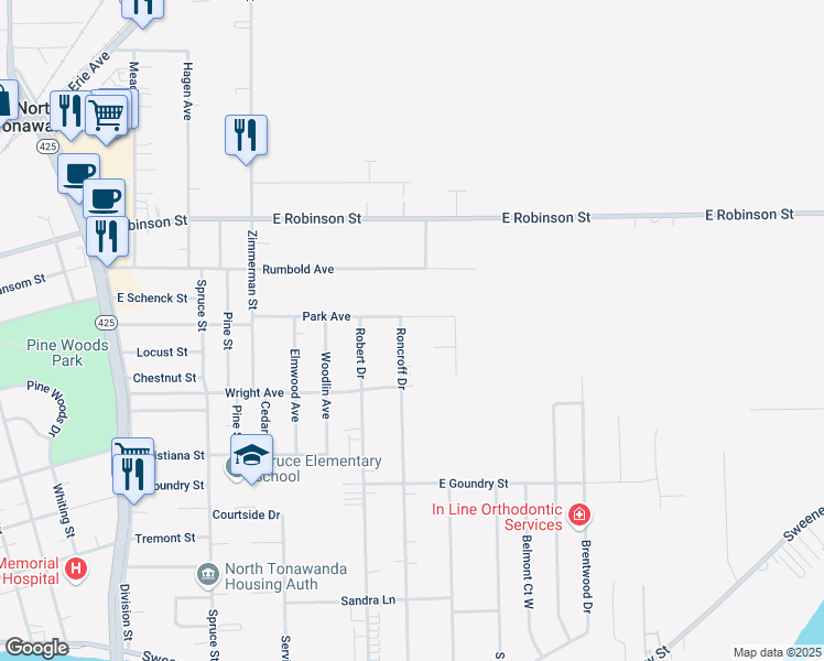map of restaurants, bars, coffee shops, grocery stores, and more near 16 Hamilton Court in North Tonawanda