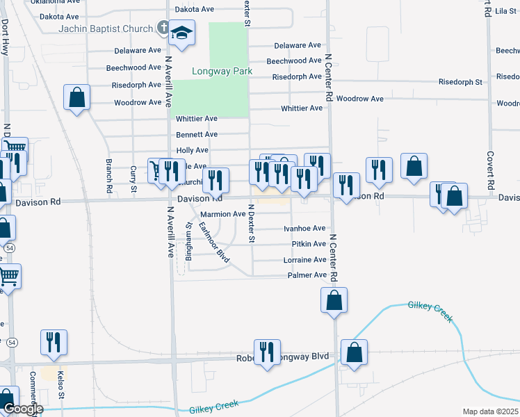map of restaurants, bars, coffee shops, grocery stores, and more near 3711 Marmion Avenue in Flint