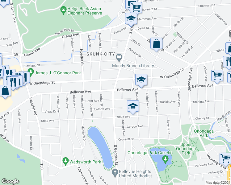 map of restaurants, bars, coffee shops, grocery stores, and more near 210 Grant Avenue in Syracuse