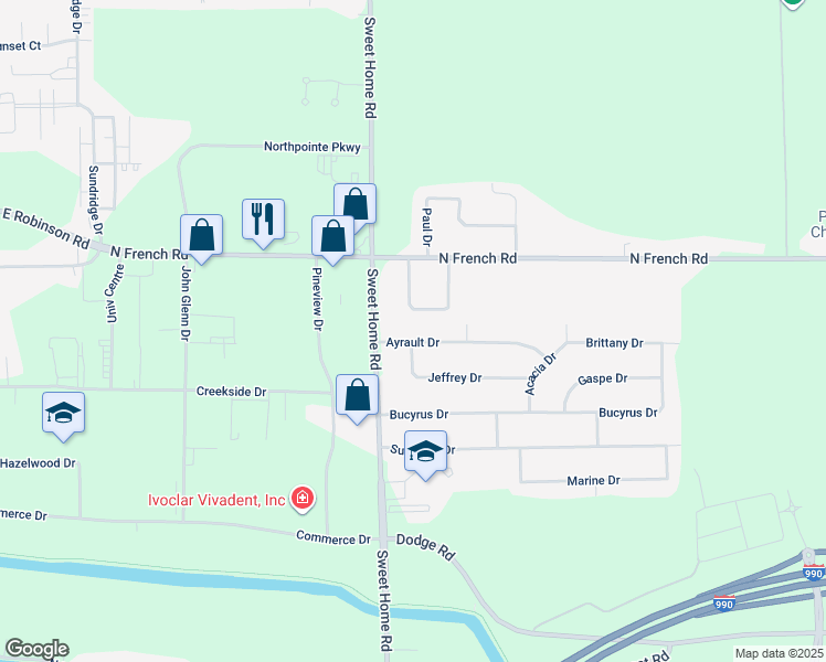 map of restaurants, bars, coffee shops, grocery stores, and more near 35 Ayrault Drive in Buffalo