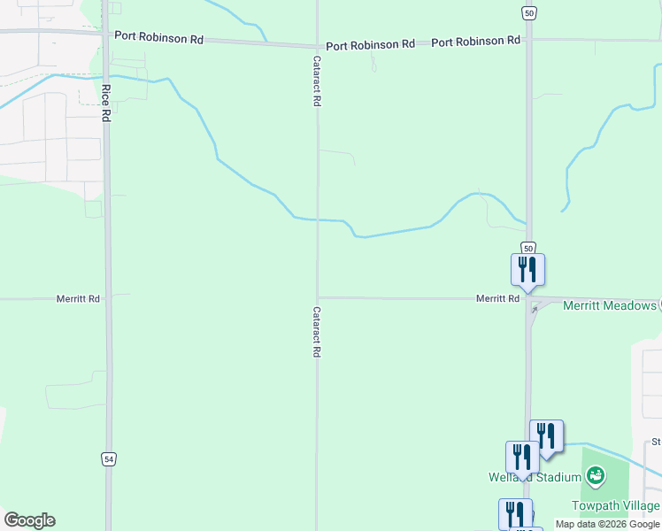 map of restaurants, bars, coffee shops, grocery stores, and more near 1216 Cataract Road in Welland