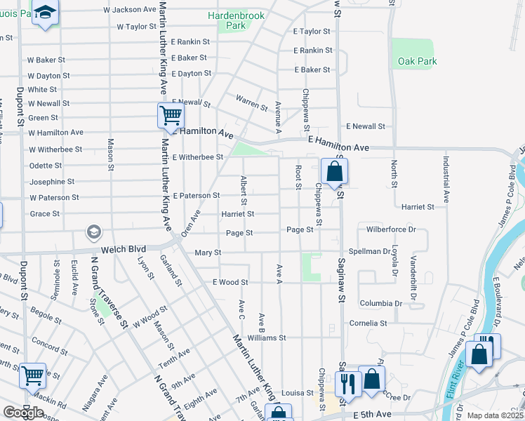 map of restaurants, bars, coffee shops, grocery stores, and more near 421 Page Street in Flint