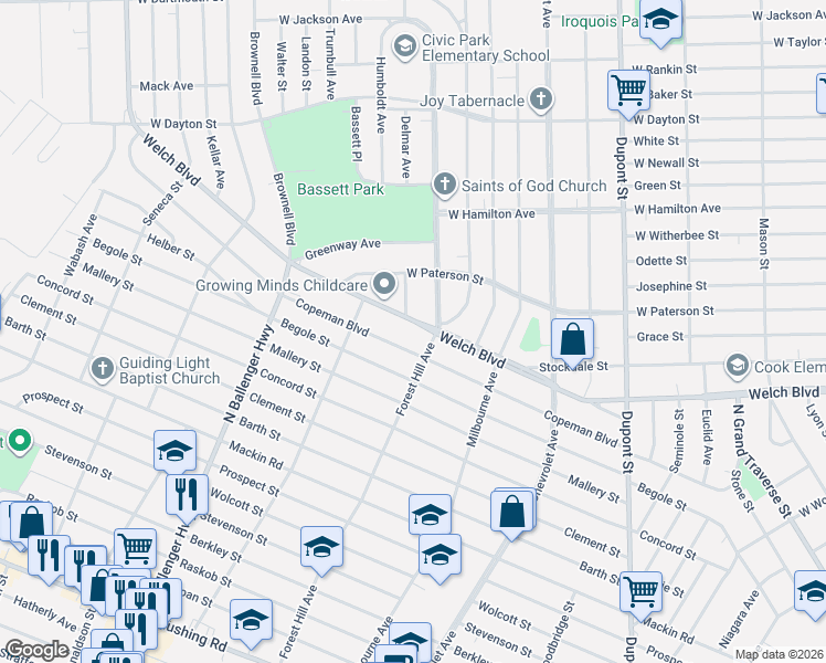 map of restaurants, bars, coffee shops, grocery stores, and more near in Flint