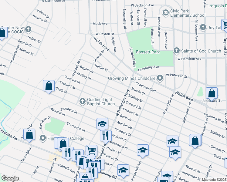 map of restaurants, bars, coffee shops, grocery stores, and more near 2920 Concord Street in Flint