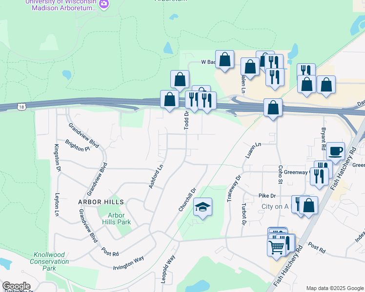 map of restaurants, bars, coffee shops, grocery stores, and more near 2704 Ardsley Lane in Madison