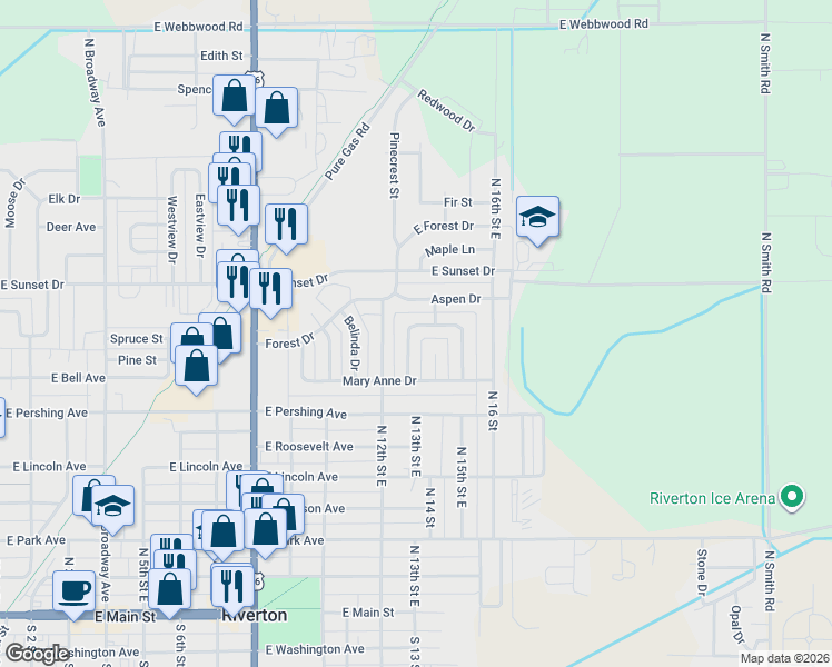 map of restaurants, bars, coffee shops, grocery stores, and more near 814 Rose Marie Drive in Riverton
