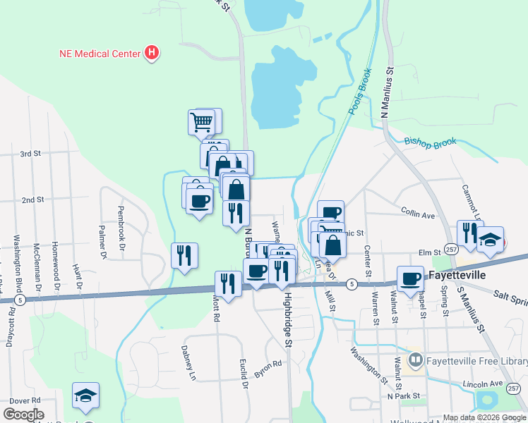 map of restaurants, bars, coffee shops, grocery stores, and more near 127 Warner Road in Fayetteville