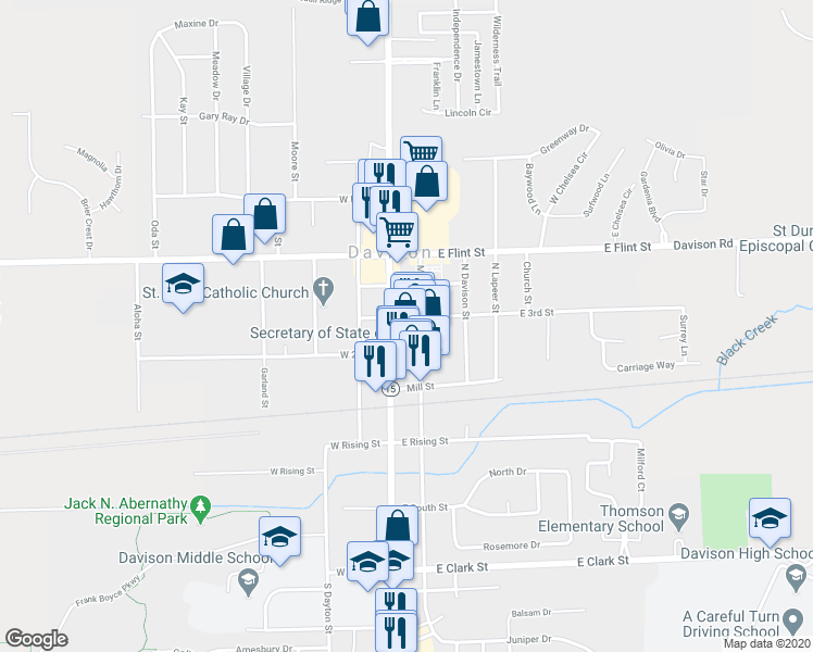 map of restaurants, bars, coffee shops, grocery stores, and more near 110 East 3rd Street in Davison