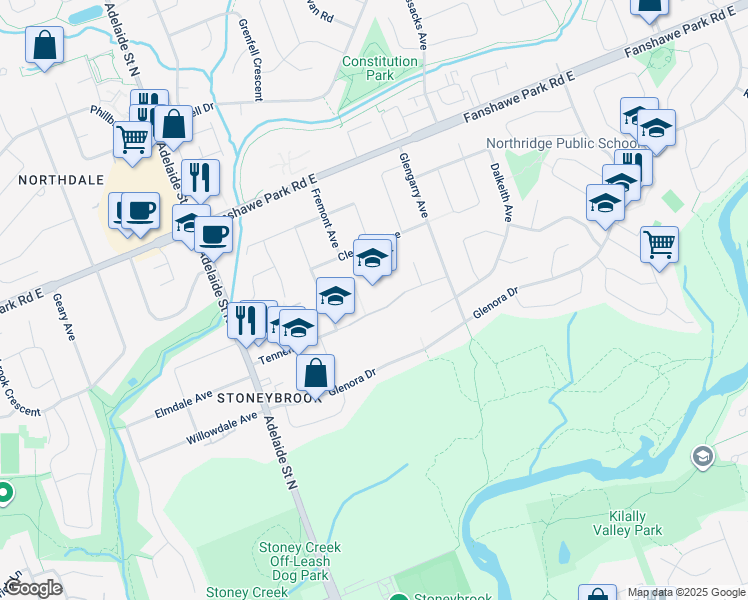 map of restaurants, bars, coffee shops, grocery stores, and more near 656 Tennent Avenue in London