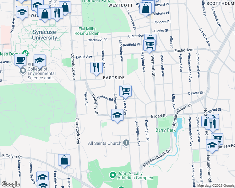 map of restaurants, bars, coffee shops, grocery stores, and more near 959 Ackerman Avenue in Syracuse