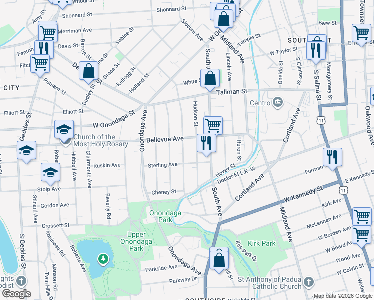 map of restaurants, bars, coffee shops, grocery stores, and more near 349 Rich Street in Syracuse