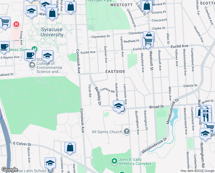 map of restaurants, bars, coffee shops, grocery stores, and more near 101 Windsor Place in Syracuse