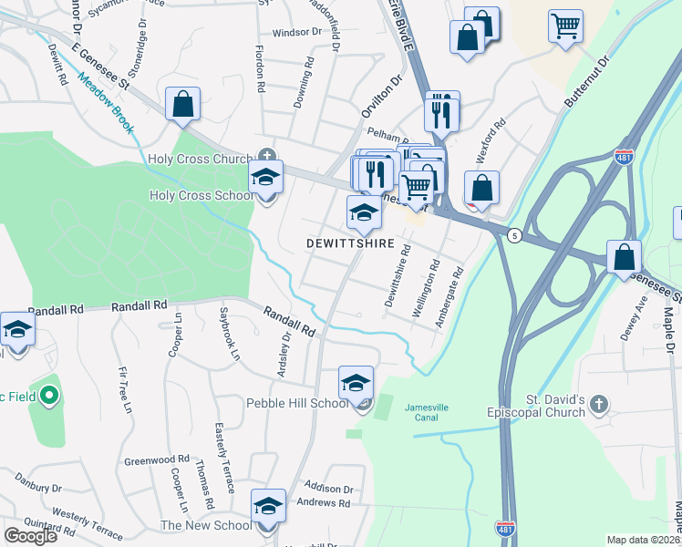 map of restaurants, bars, coffee shops, grocery stores, and more near 304 Jamesville Road in Syracuse