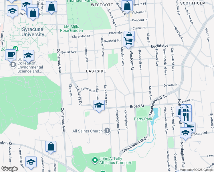 map of restaurants, bars, coffee shops, grocery stores, and more near 963 Lancaster Avenue in Syracuse