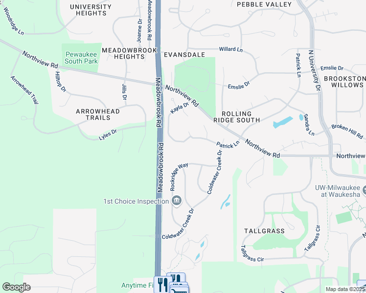 map of restaurants, bars, coffee shops, grocery stores, and more near 1736 Rockridge Way in Waukesha