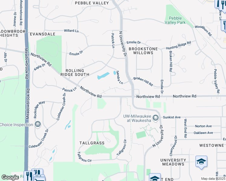 map of restaurants, bars, coffee shops, grocery stores, and more near 2720 Northview Road in Waukesha