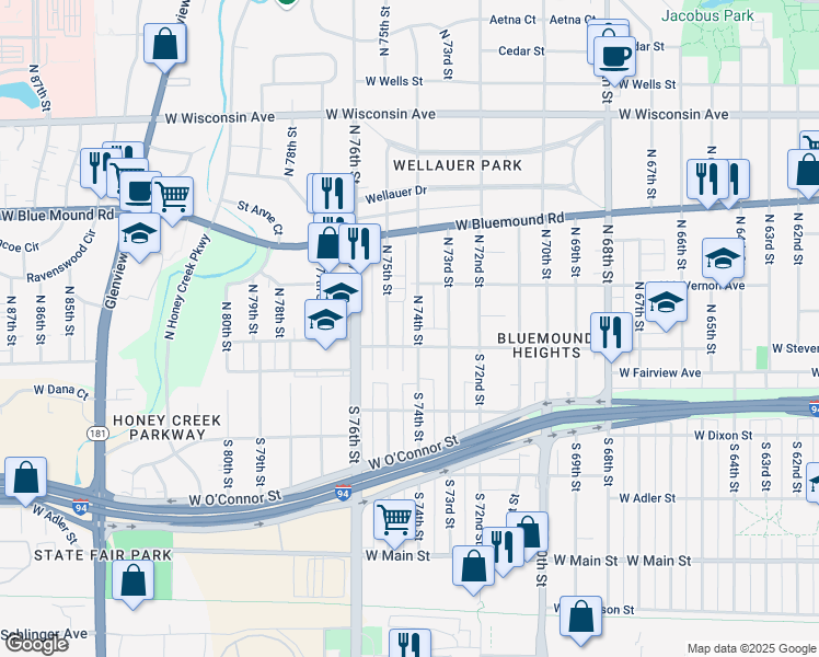 map of restaurants, bars, coffee shops, grocery stores, and more near 127 North 74th Street in Milwaukee