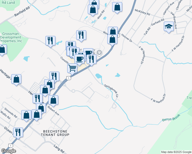 map of restaurants, bars, coffee shops, grocery stores, and more near 616 Spring Brook Circle in Portsmouth