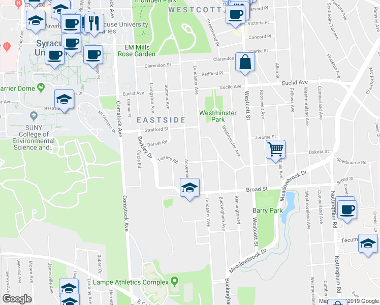 map of restaurants, bars, coffee shops, grocery stores, and more near 110 Kensington Road in Syracuse