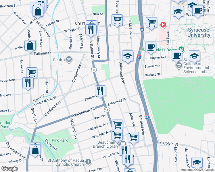 map of restaurants, bars, coffee shops, grocery stores, and more near 1501 South Salina Street in Syracuse