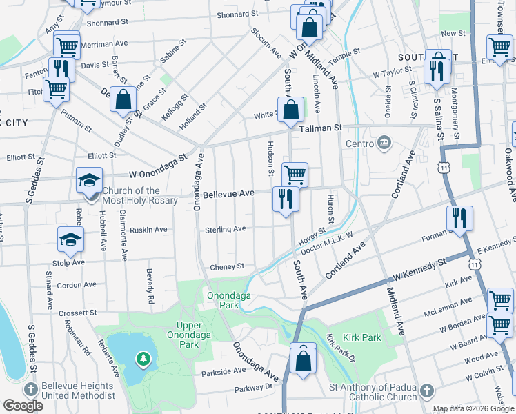 map of restaurants, bars, coffee shops, grocery stores, and more near 349 Rich Street in Syracuse