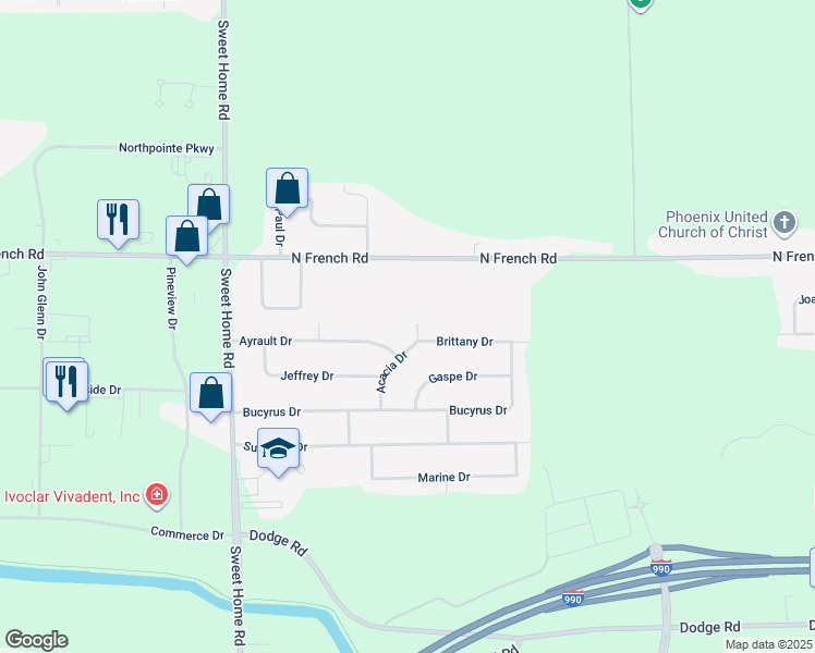 map of restaurants, bars, coffee shops, grocery stores, and more near 59 Acacia Drive in Buffalo