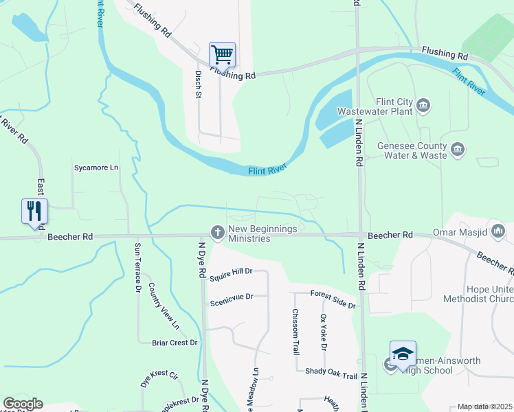 map of restaurants, bars, coffee shops, grocery stores, and more near 5392 Timberwood Point Drive in Flint