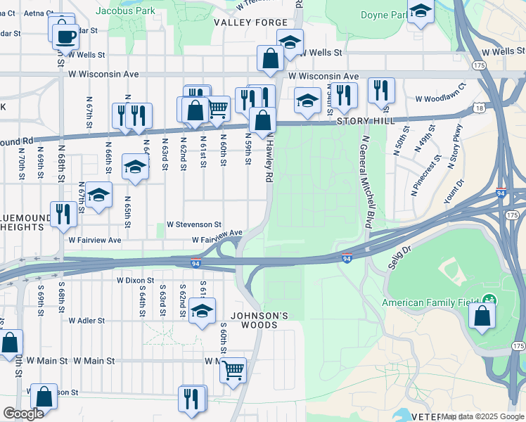 map of restaurants, bars, coffee shops, grocery stores, and more near 128 North 59th Street in Milwaukee