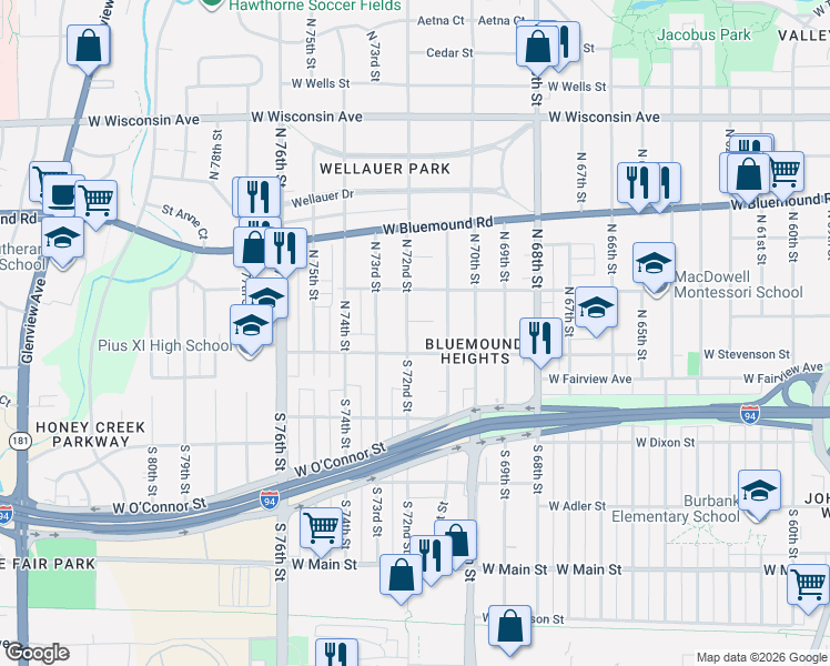 map of restaurants, bars, coffee shops, grocery stores, and more near 126 North 72nd Street in Milwaukee