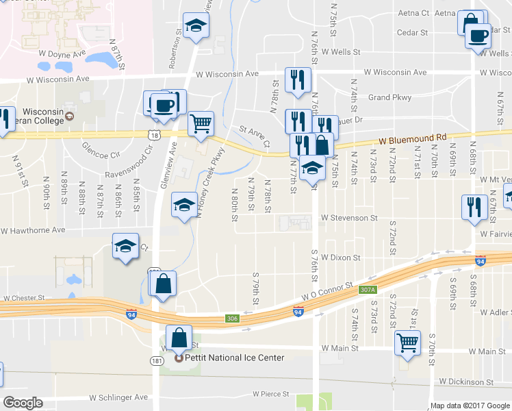 map of restaurants, bars, coffee shops, grocery stores, and more near 120 North 79th Street in Milwaukee