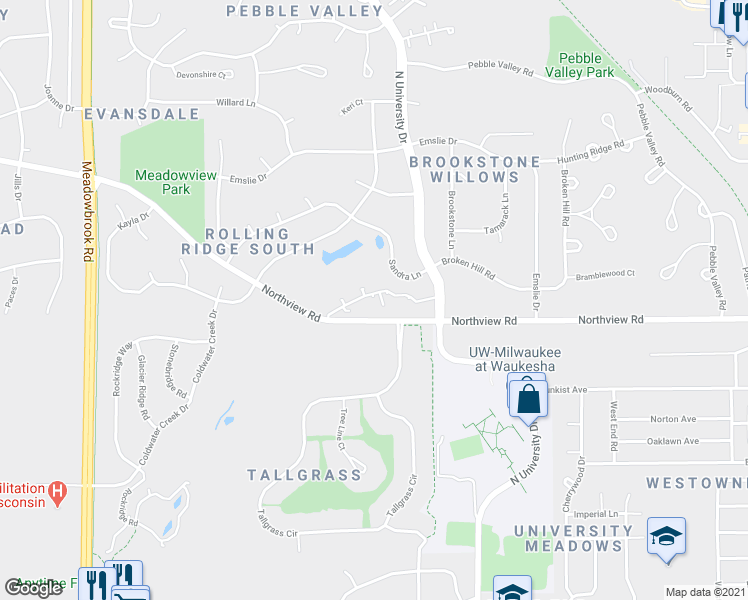 map of restaurants, bars, coffee shops, grocery stores, and more near 2731 Northview Road in Waukesha