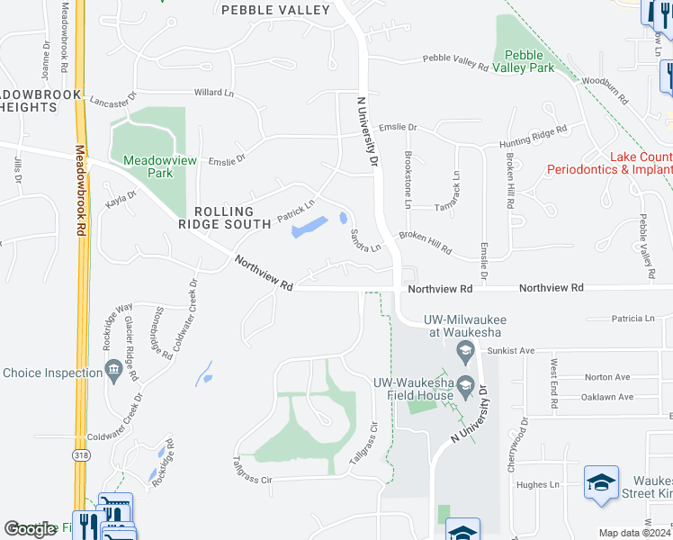 map of restaurants, bars, coffee shops, grocery stores, and more near 2728 Northview Road in Waukesha