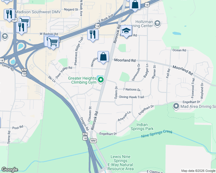 map of restaurants, bars, coffee shops, grocery stores, and more near 2725 Rimrock Road in Madison