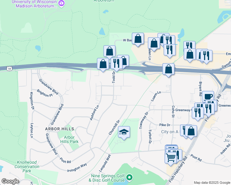 map of restaurants, bars, coffee shops, grocery stores, and more near 2925 Todd Drive in Madison