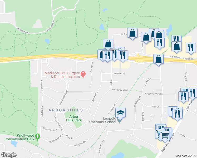 map of restaurants, bars, coffee shops, grocery stores, and more near 2922 Ashford Lane in Madison