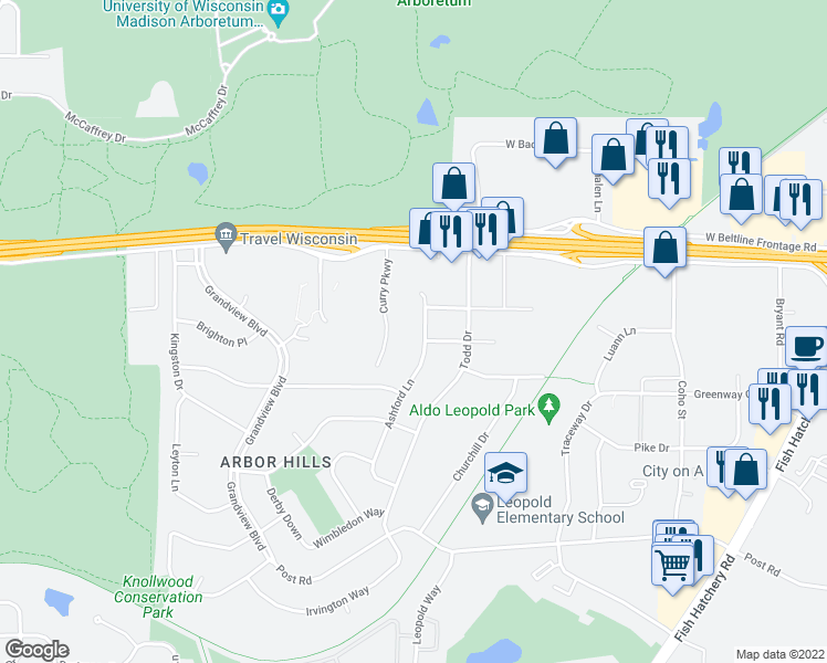 map of restaurants, bars, coffee shops, grocery stores, and more near 2910 Ashford Lane in Madison