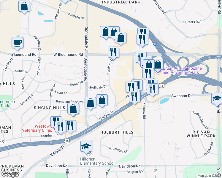map of restaurants, bars, coffee shops, grocery stores, and more near 2330 Parklawn Drive in Waukesha