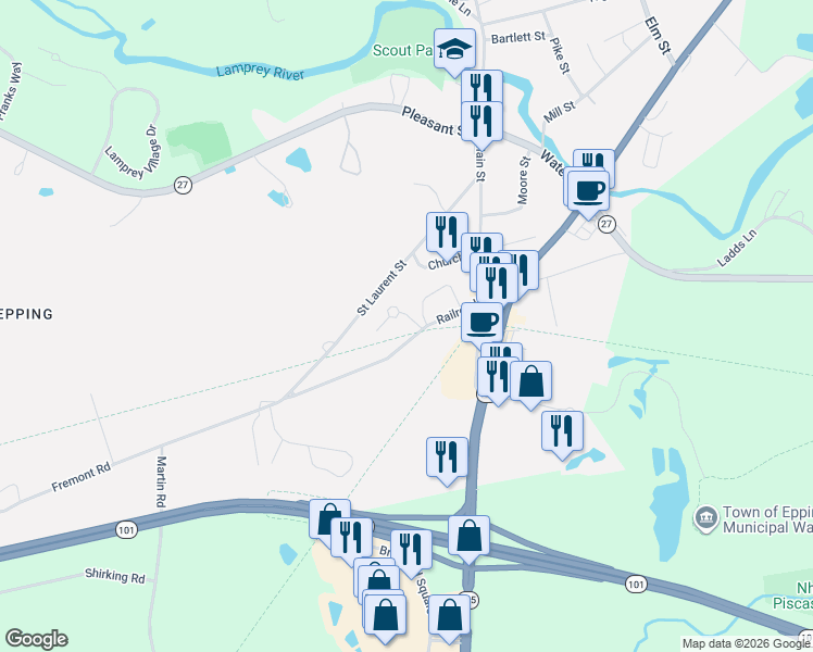 map of restaurants, bars, coffee shops, grocery stores, and more near 98 Railroad Avenue in Epping