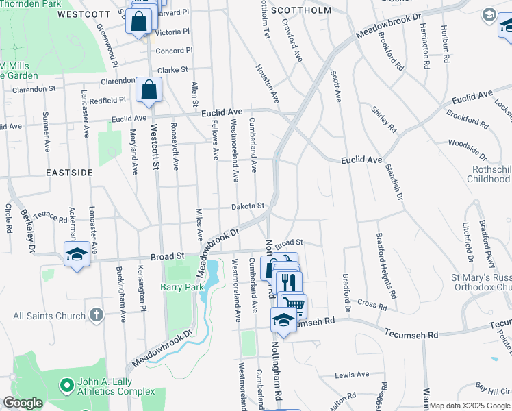 map of restaurants, bars, coffee shops, grocery stores, and more near Cumberland Avenue in Syracuse