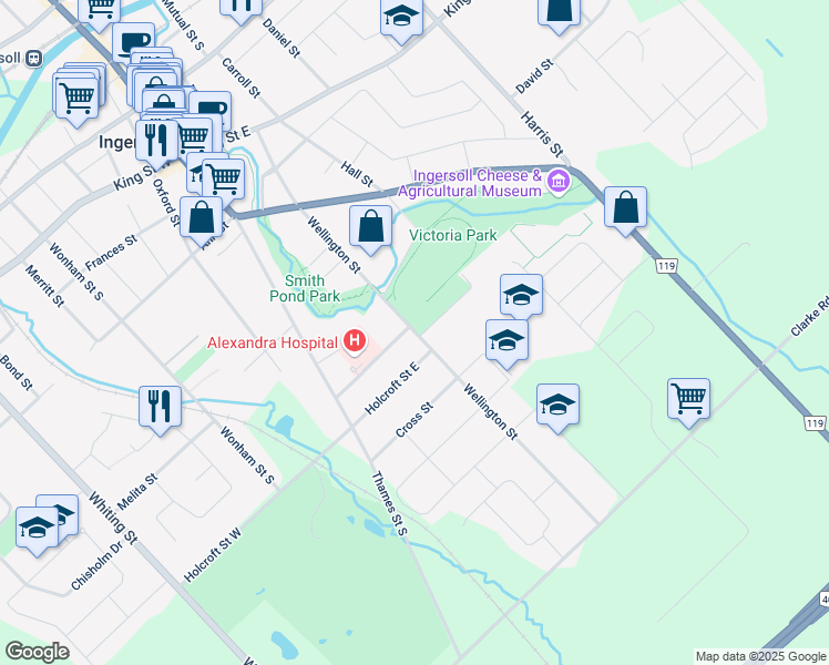 map of restaurants, bars, coffee shops, grocery stores, and more near 358 Wellington Street in Ingersoll