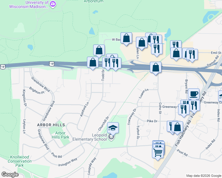 map of restaurants, bars, coffee shops, grocery stores, and more near 2821 Todd Drive in Madison