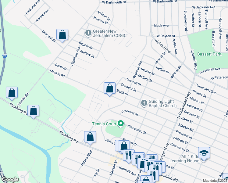 map of restaurants, bars, coffee shops, grocery stores, and more near 3446 Barth Street in Flint